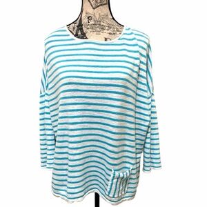 J. Jill Linen Blend Striped 3/4 Sleeve Boxy front pocket Tunic Size Large